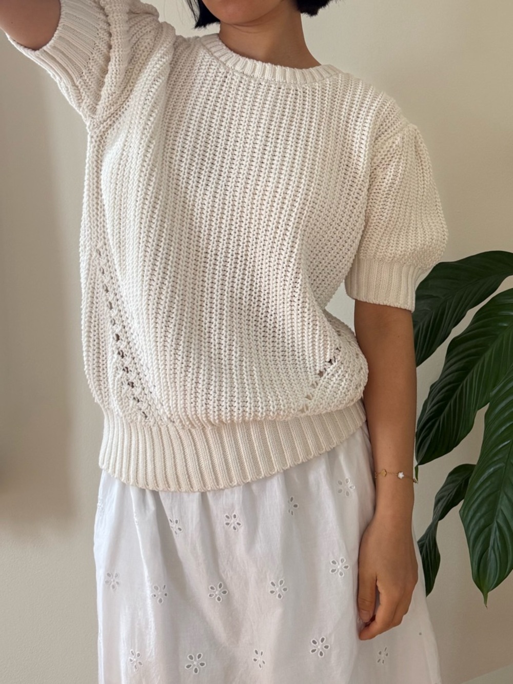 Lascana 100% Cotton Knitted Puffed Short Sleeve Cream Sweater Cottage Size 8/10